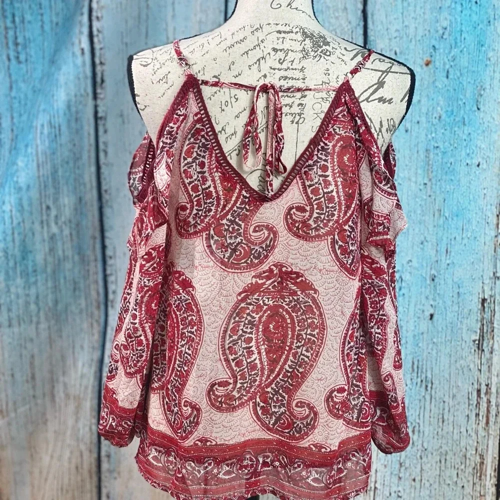 Anthropologie NWT Skies Are Blue Wine Paisley Lattice Cold Shoulder Top